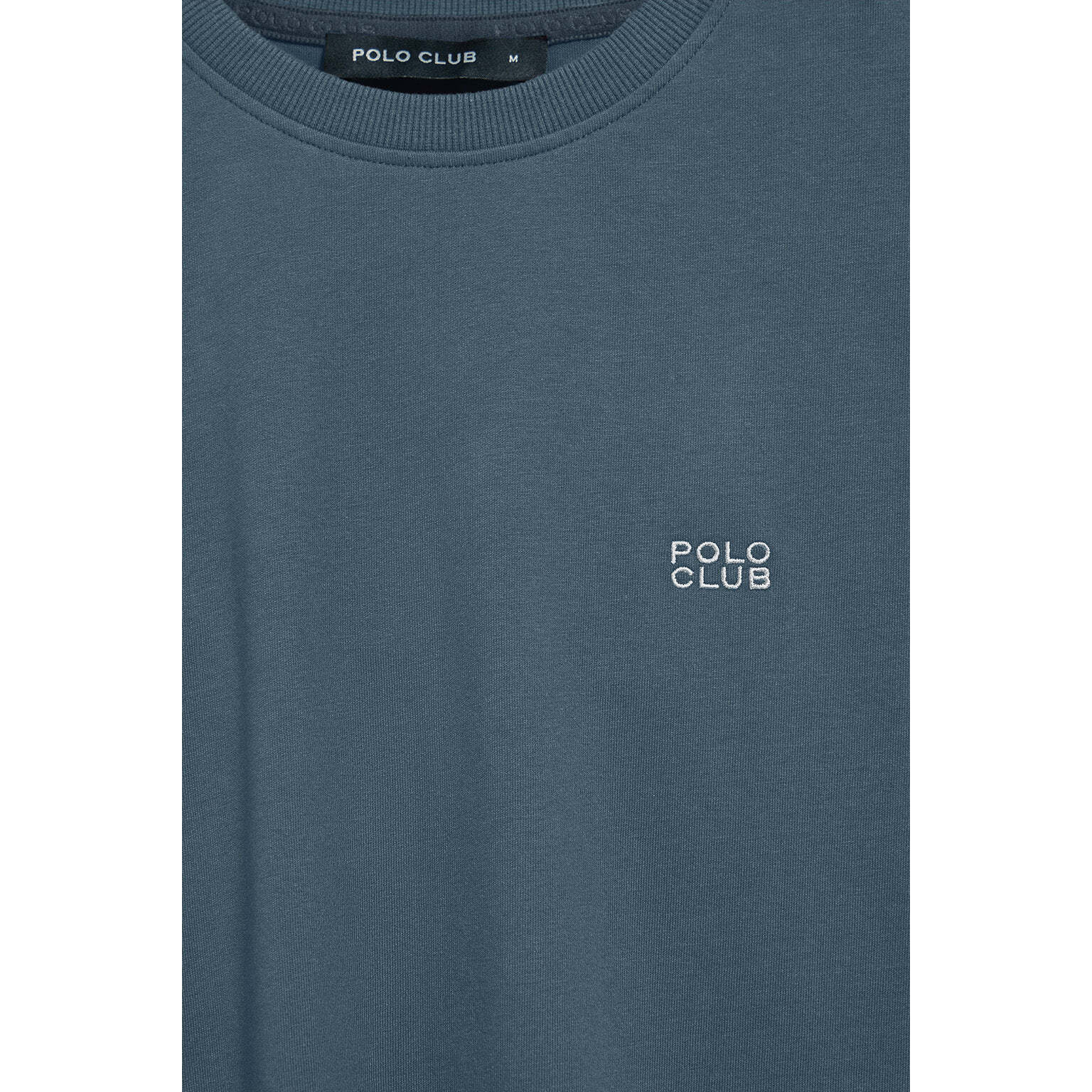 Camiseta azul denim básica de cuello redondo con detalle bordado