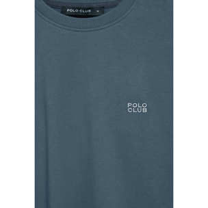 Camiseta azul denim básica de cuello redondo con detalle bordado