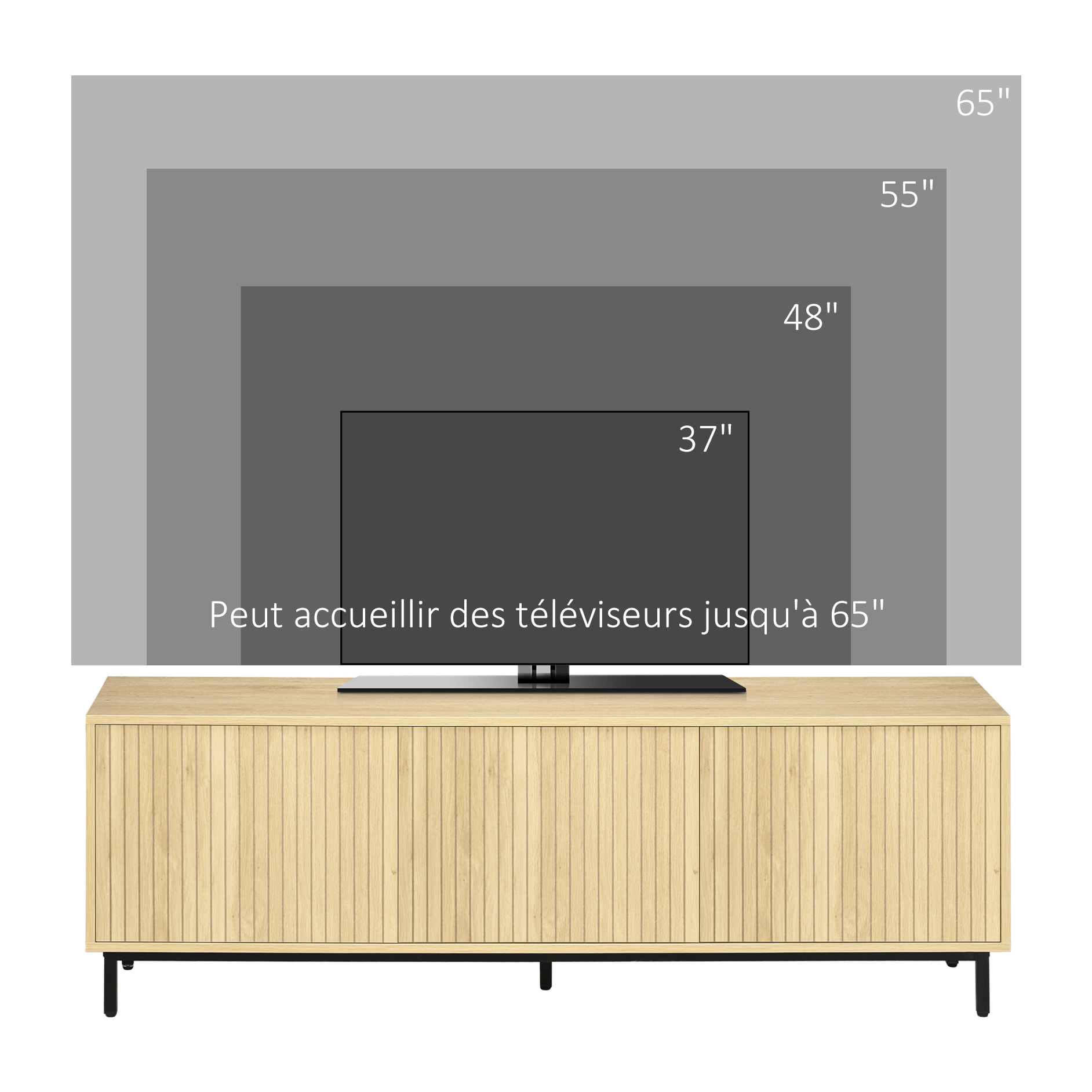 Meuble TV banc TV design Urban Craft - 3 portes, 3 étagères - piètement acier noir aspect bois clair