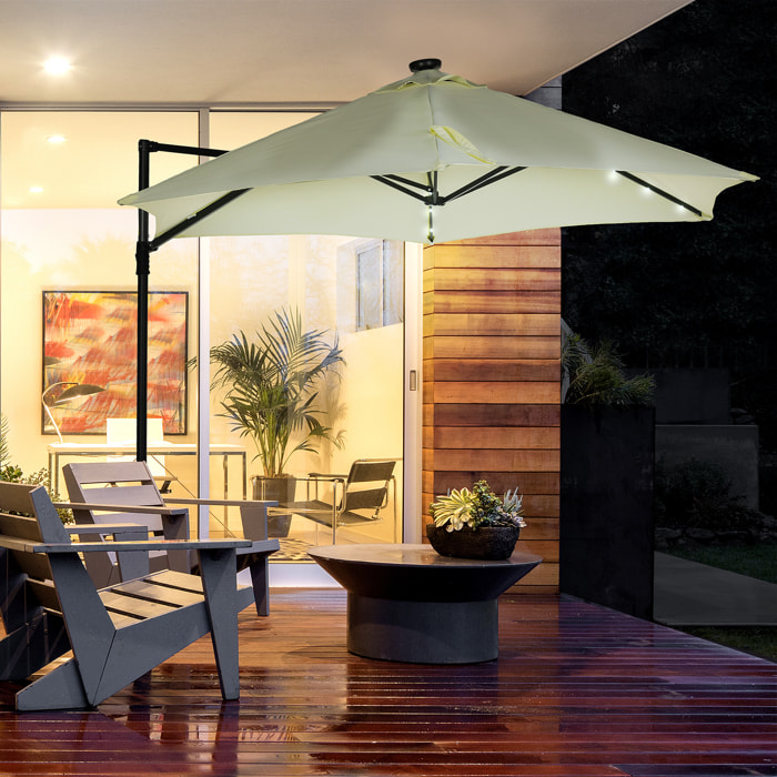 Sombrilla de Jardín Ø256x248 cm Parasol de Terraza Manual con Luces LED Solares Poste Giratorio 360° y Ventilación Superior para Jardín Patio Piscina Beige