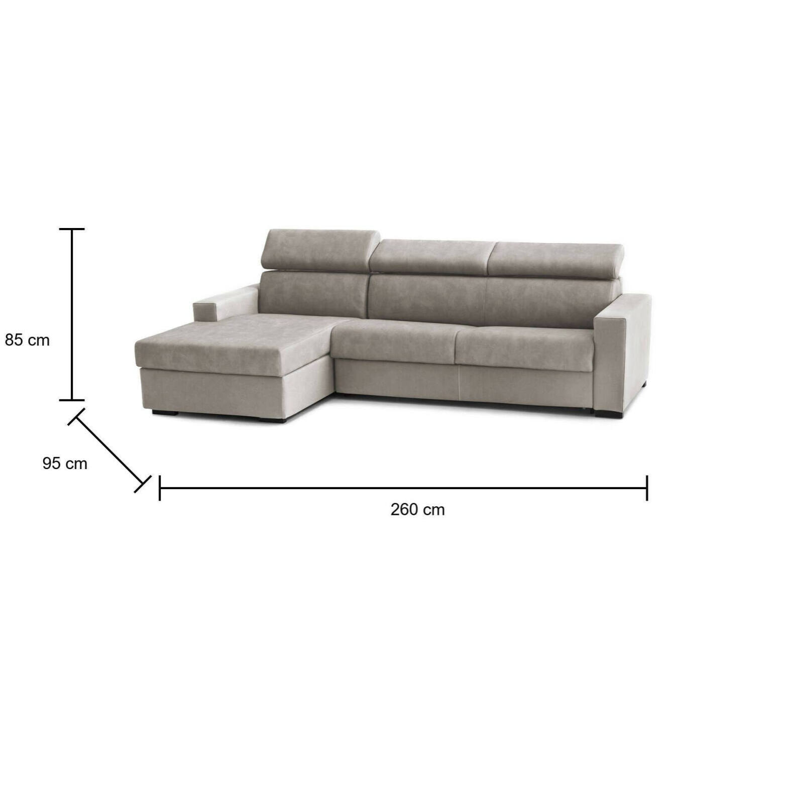 Divano Letto Aleandra, Divano ad angolo, 100% Made in Italy, Sofà con apertura girevole, con Penisola contenitore Sinistra, con Braccioli slim, Cm 260x95h85, Tortora