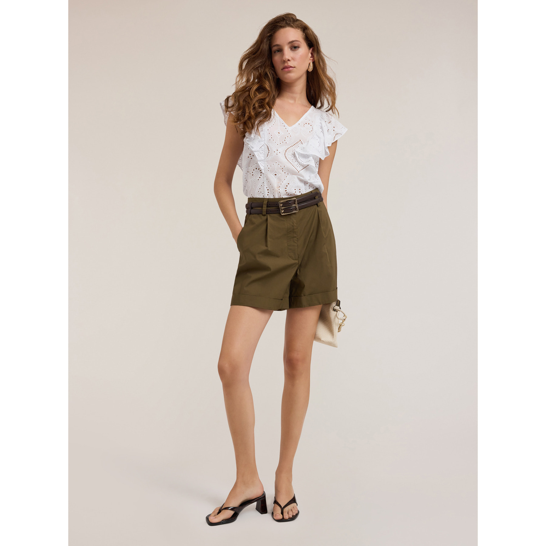 Motivi - Blusa de encaje inglés con volante - Blanco