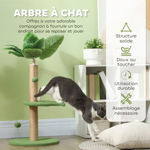 Arbre à chat design tropical - plateforme, griffoir, 2 jeux boules - beige vert