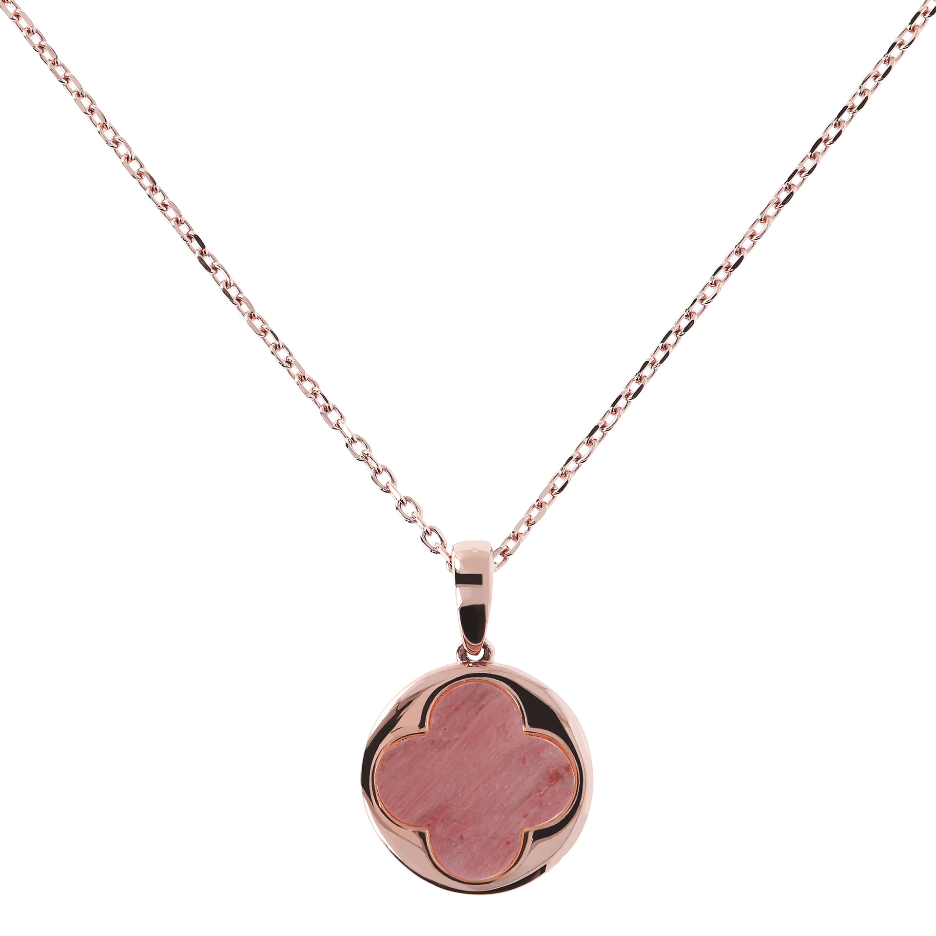 Collana Catena Forzatina con Pendente Quadrifoglio in Quarzite Rossa Placcata Oro Rosa 18kt