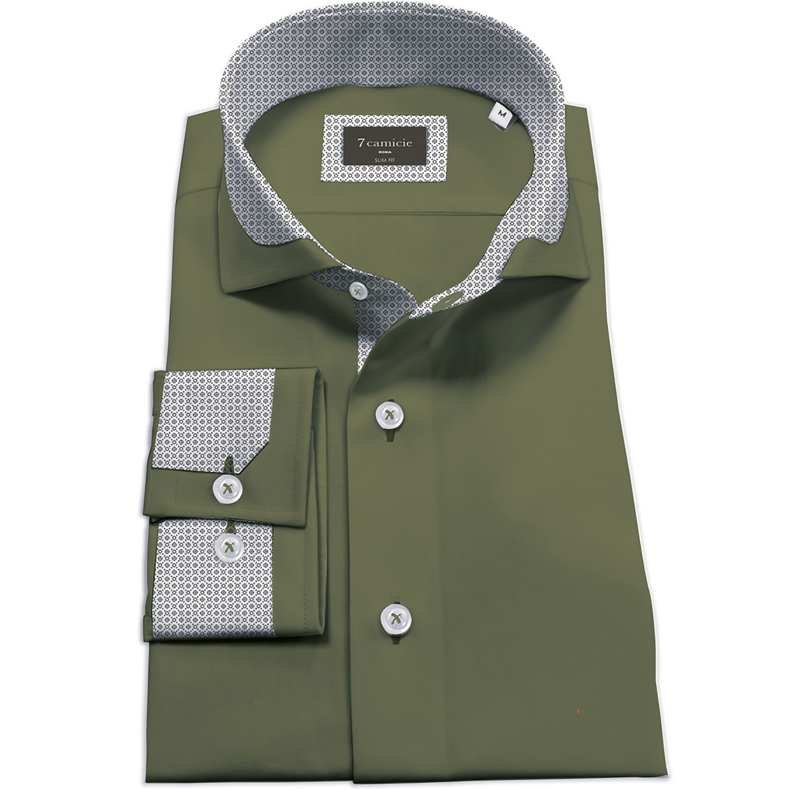 Camicia Uomo 1 Bottone Francese Contrasto sul Collo Satin Unito Verde Militare