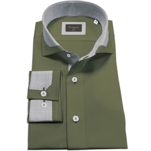 Camicia Uomo 1 Bottone Francese Contrasto sul Collo Satin Unito Verde Militare
