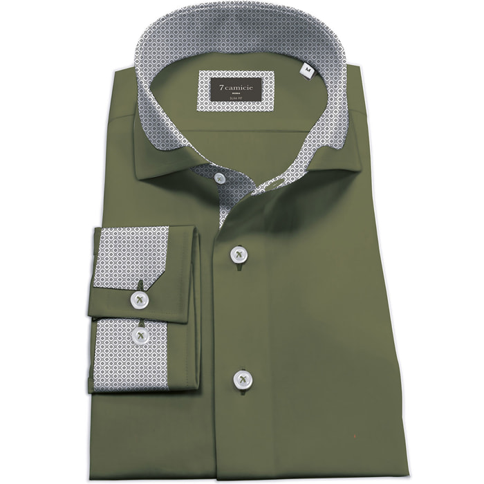 Camicia Uomo 1 Bottone Francese Contrasto sul Collo Satin Unito Verde Militare