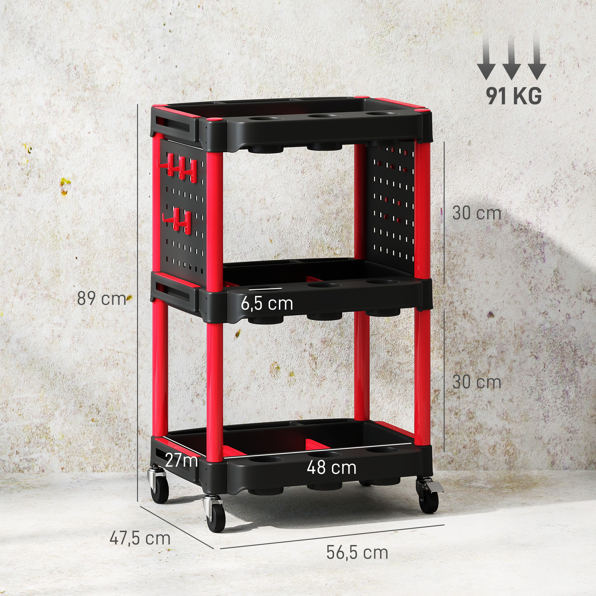 Servante chariot d'atelier multi-rangement 3 niveaux 2 panneaux perforés crochets rouge noir