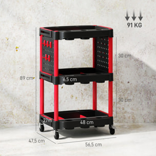 Servante chariot d'atelier multi-rangement 3 niveaux 2 panneaux perforés crochets rouge noir