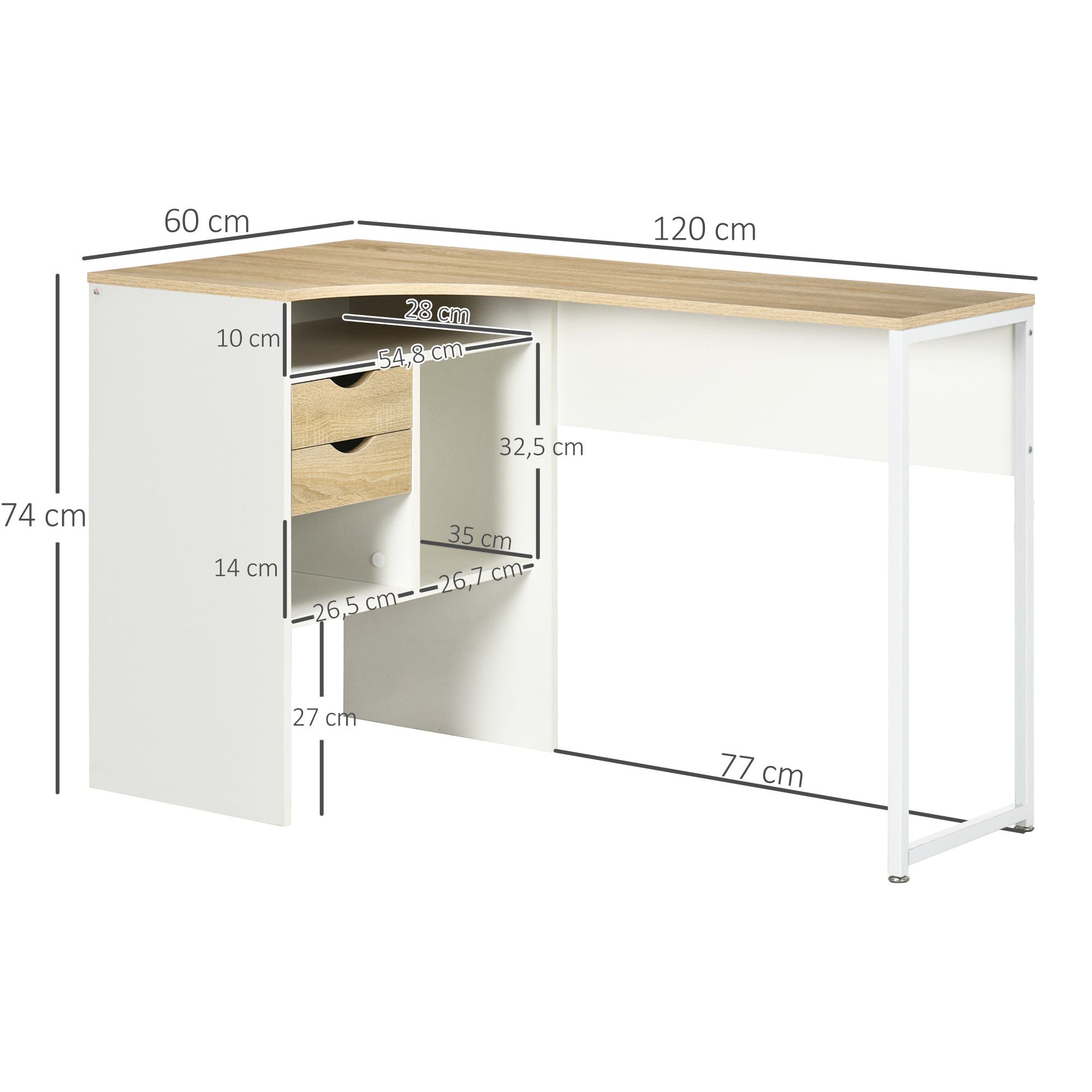 Bureau d'angle bureau informatique multimédia multi-rangement métal panneaux particules aspect chêne clair blanc