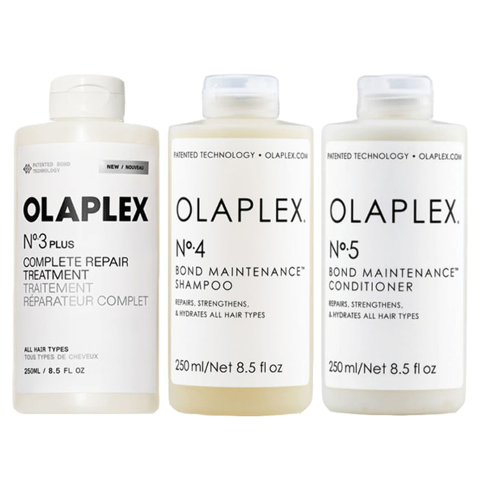 OLAPLEX Kit Tratamiento N°3 Plus 250ml + Champú N°4 250ml + Acondicionador N°5 250ml