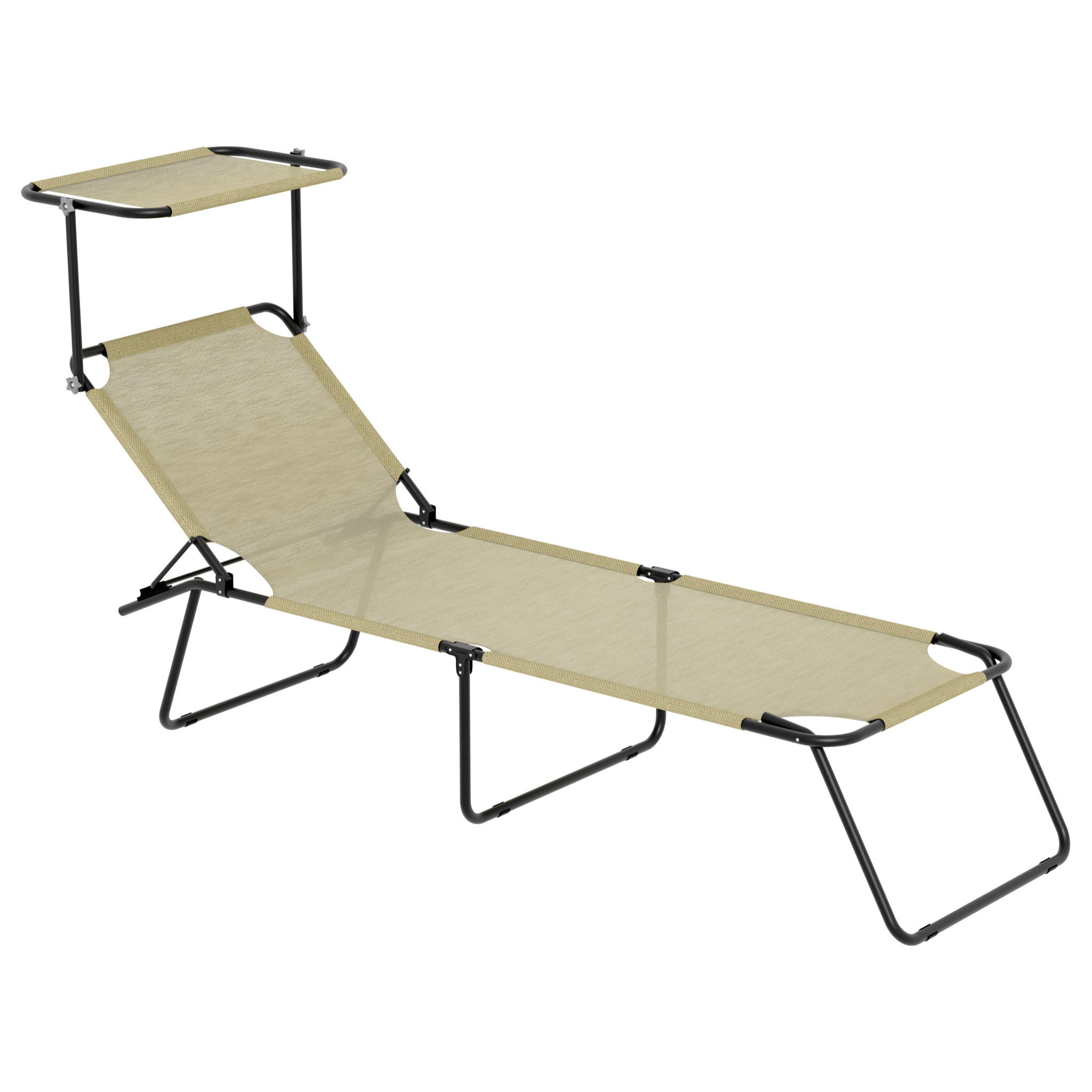 Lettini Pieghevoli Tettuccio Regolabile Schienale Reclinabile Struttura Metallo Nero Sdraio Prendisole Spiaggia Mare Giardino Piscina Beige