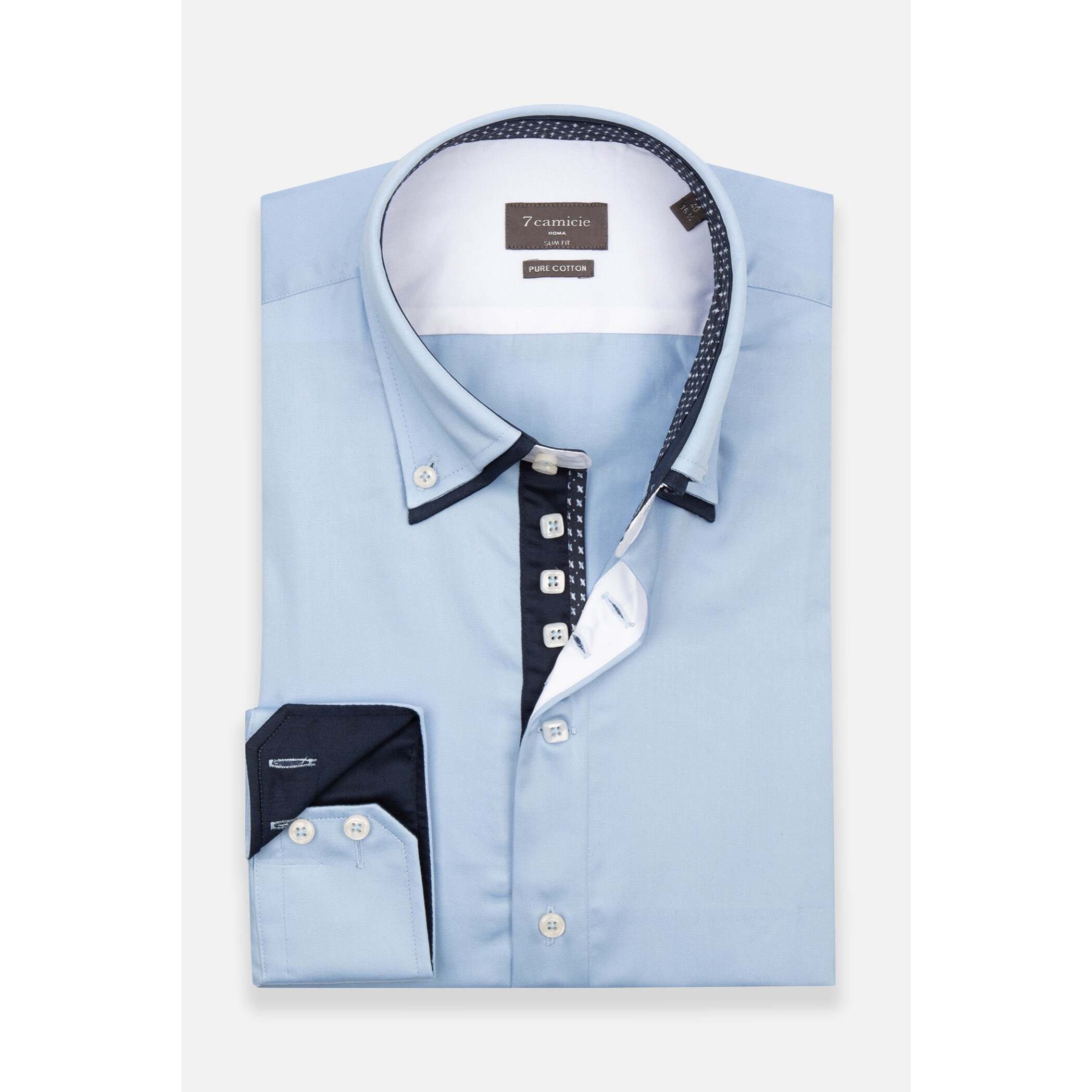 Camicia Uomo 2 Bottoni Button Down 7bottoni Doppio Coll Satin Unito Celeste