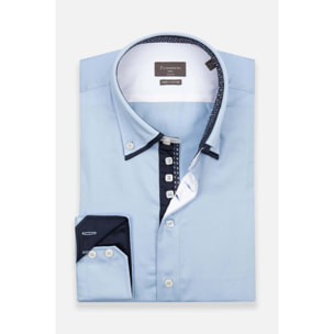 Camicia Uomo 2 Bottoni Button Down 7bottoni Doppio Coll Satin Unito Celeste