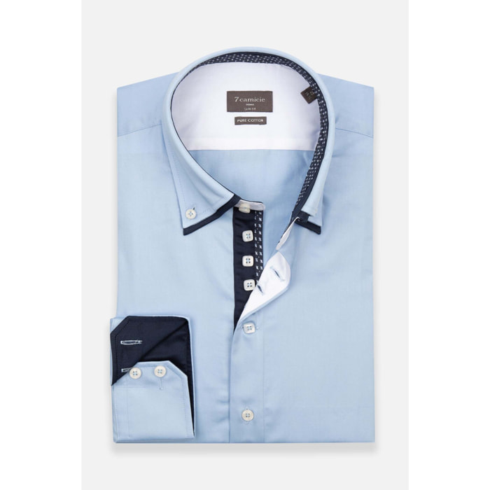 Camicia Uomo 2 Bottoni Button Down 7bottoni Doppio Coll Satin Unito Celeste
