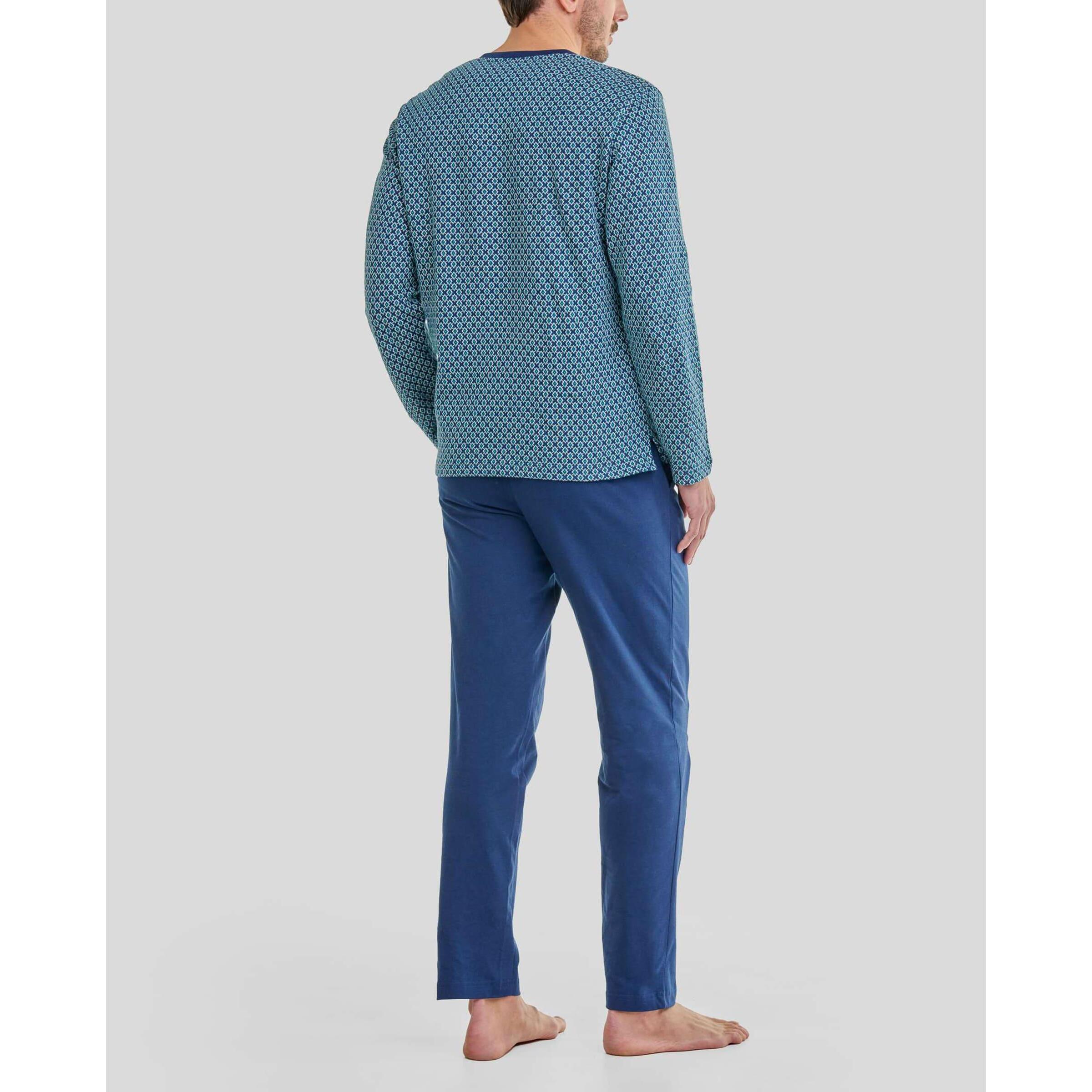 Pijama hombre, Jacquard de diseño geométrico, escote con abertura de botones, manga larga y pantalón largo liso