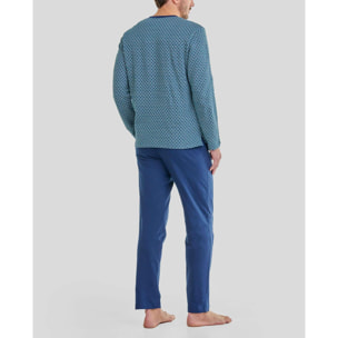 Pijama hombre, Jacquard de diseño geométrico, escote con abertura de botones, manga larga y pantalón largo liso