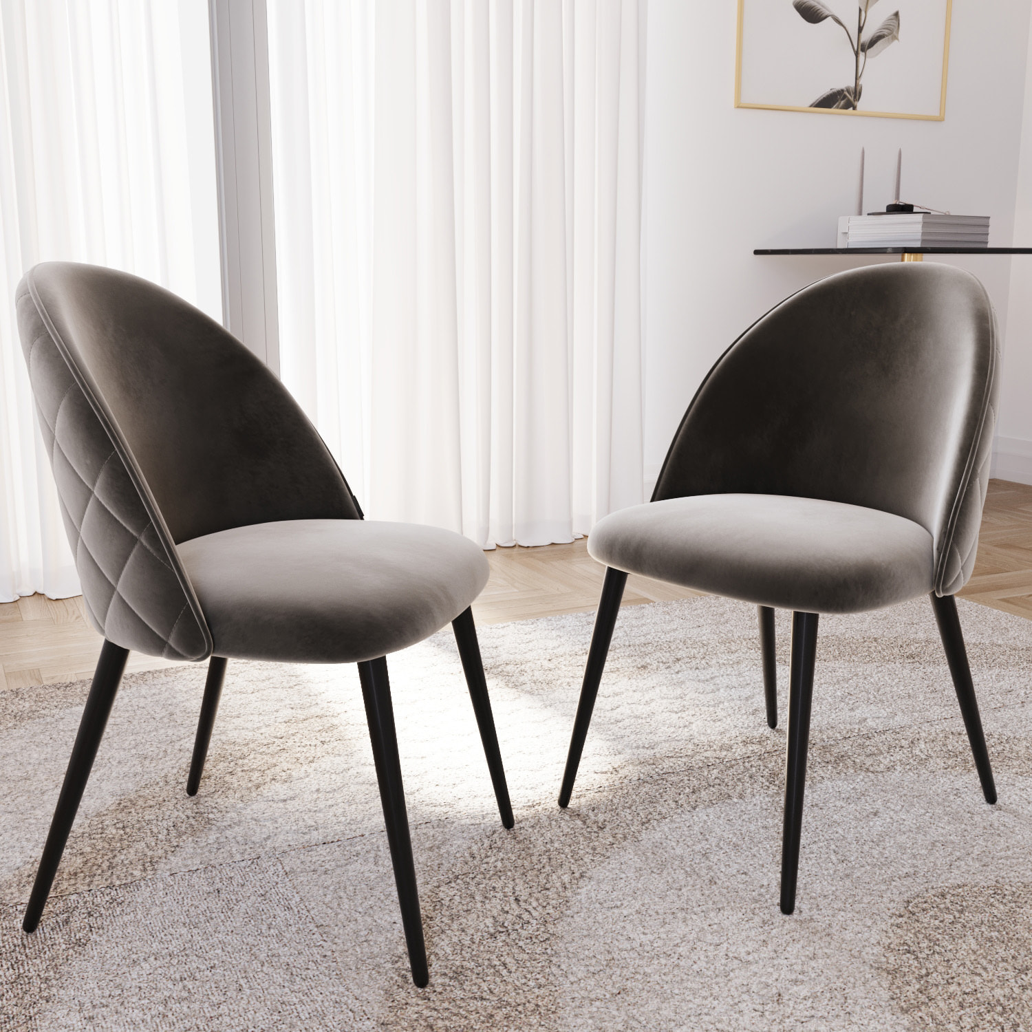 Set di 4 Sedie Imbottite Da Pranzo In Velluto Sedia Gambe In Metallo Nero Schienale Soggiorno Salotto Camera 43 x 47.5 x 80 Cm (Grigio)