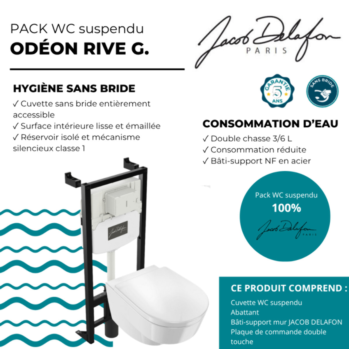 Pack WC suspendu sans bride Odéon Rive Gauche + bâti support + plaque chromée