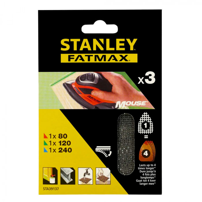 Stanley Assortiment de 3 abrasifs maille auto-aggripants grains 80, 120 et 240