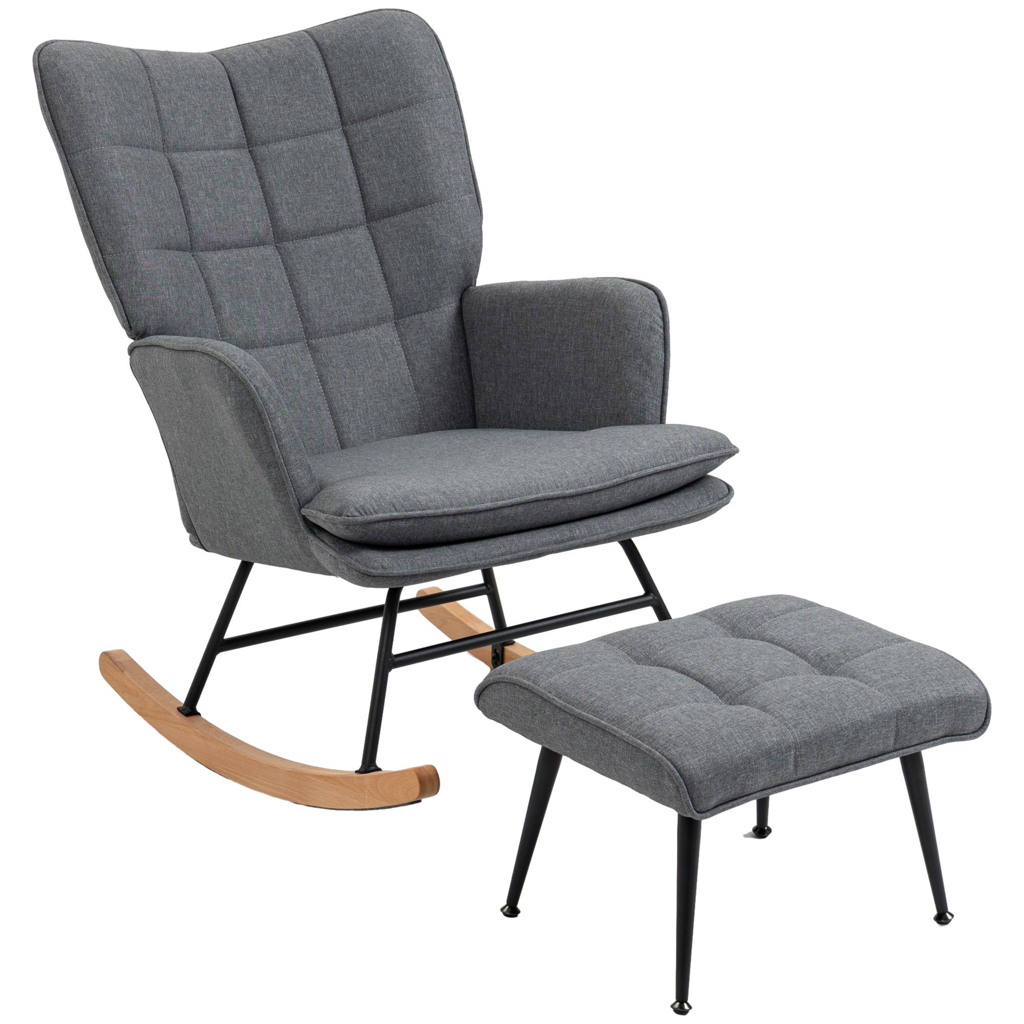 Silla Mecedora con Reposapiés Sillón de Relax Silla Ocio con Cojín Acolchado y Antivuelco Carga 130 kg para Salón Dormitorio Balcón 64x89x90 cm Gris