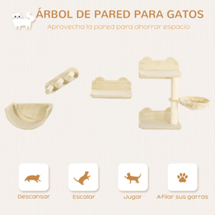 Estante de Escalada para Gatos de Pared Juego de Estantes para Gatos 4 Piezas con Hamaca Nido Rascador Plataformas para Saltar y Poste de Sisal Beige