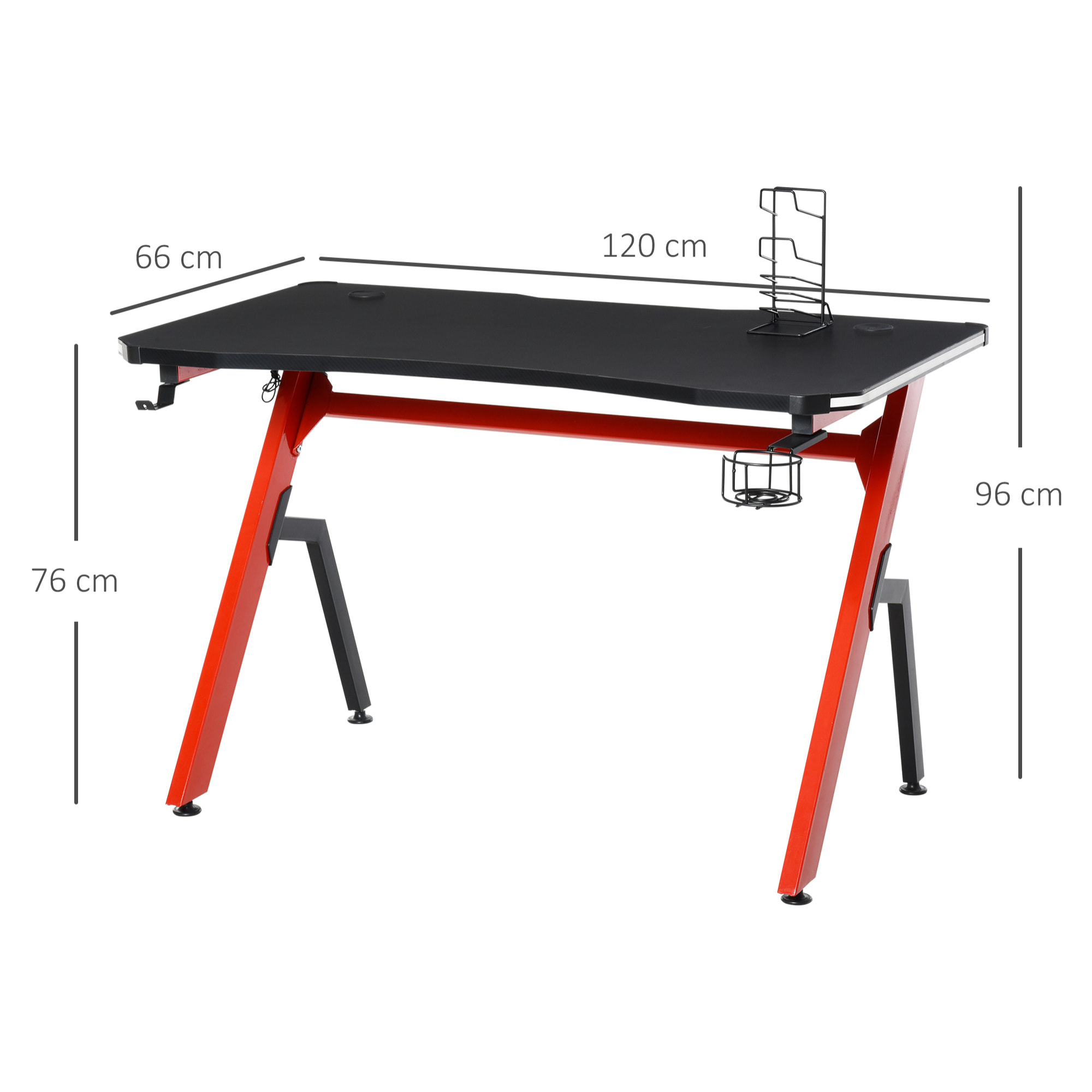 HOMCOM Mesa Gaming 120x66x76 cm con Luz LED RGB y Control Remoto Escritorio Gaming Desk con Portavasos Gancho para Auriculares Soporte para Mandos Gamepad Fibra de Carbono Negro y Rojo