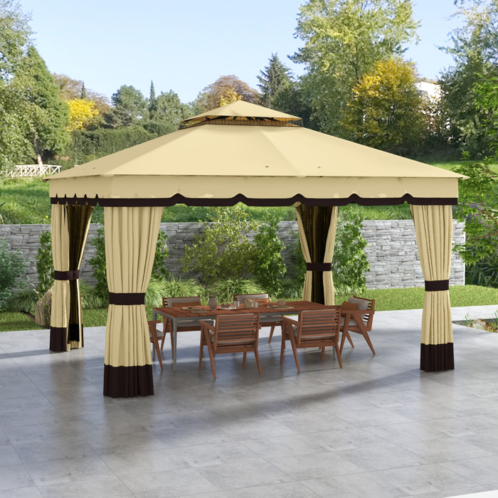 Cenador de Jardín 370x300x275 cm Gazebo de Exterior con 4 Paredes Laterales 4 Mosquiteras Doble Techo Impermeable y Anti-UV para Terraza Patio Playa Beige