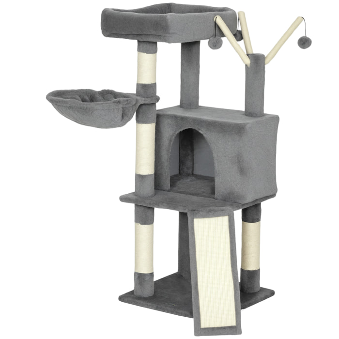 Arbre à chat multi-équipé niche hamac plateforme 3 boules griffoirs grattoir gris