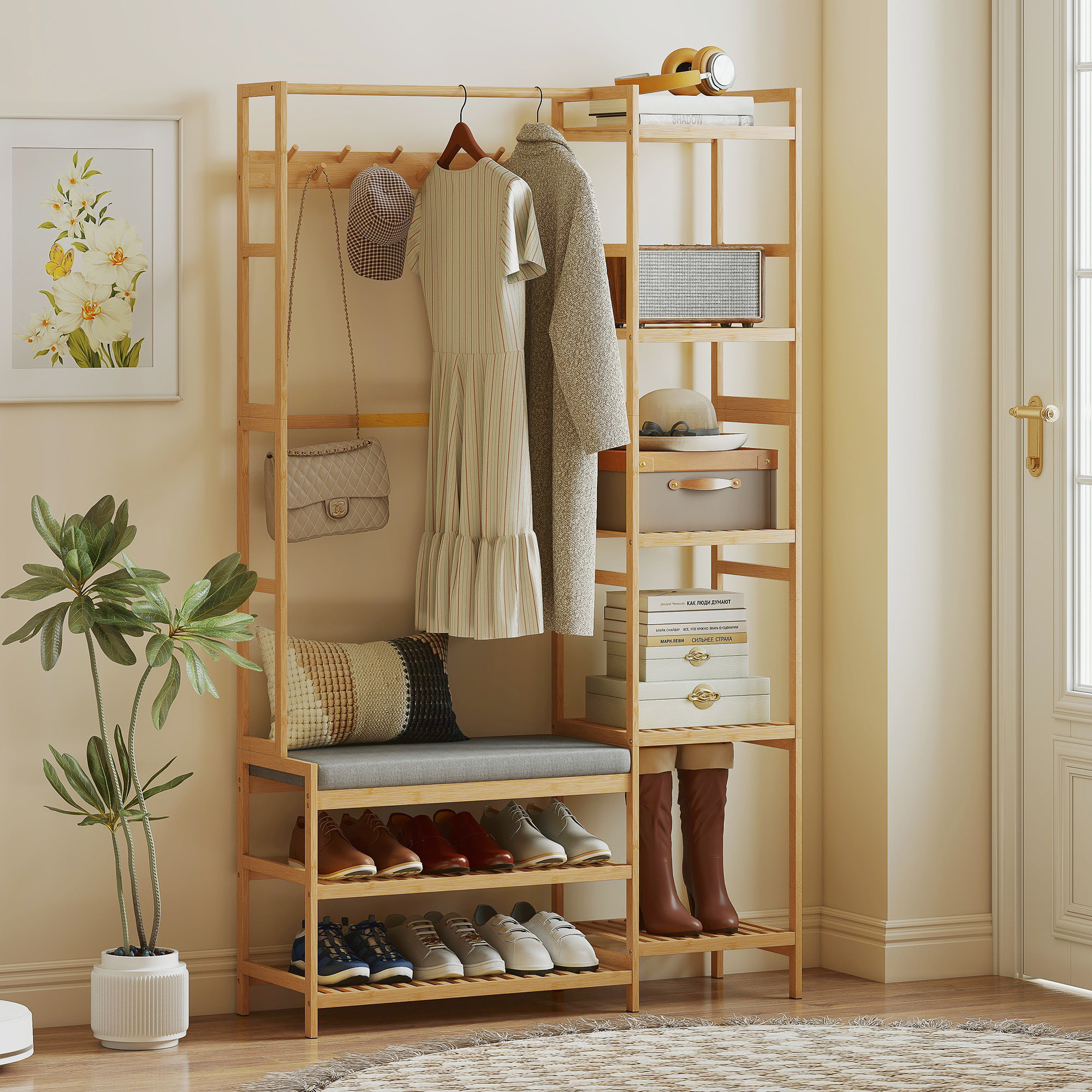 Vestiaire d'entrée style naturel bois bambou 5 + 2 étagères 10 patères barre penderie banc
