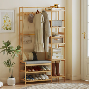 Vestiaire d'entrée style naturel bois bambou 5 + 2 étagères 10 patères barre penderie banc