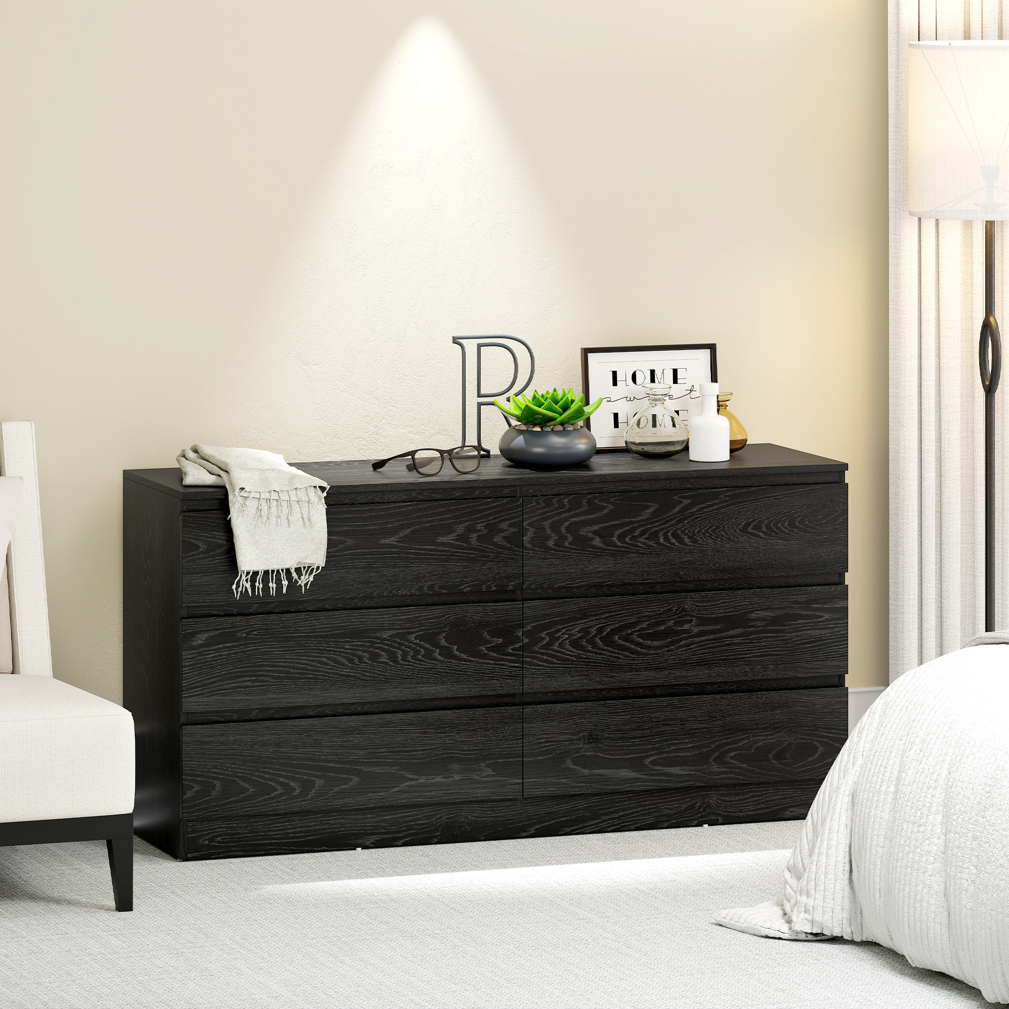 Cómoda 6 Cajones, Cómoda Dormitorio, Cajonera para Salón, Oficina, Estilo Moderno, 140x40x71 cm, Negro Veteado