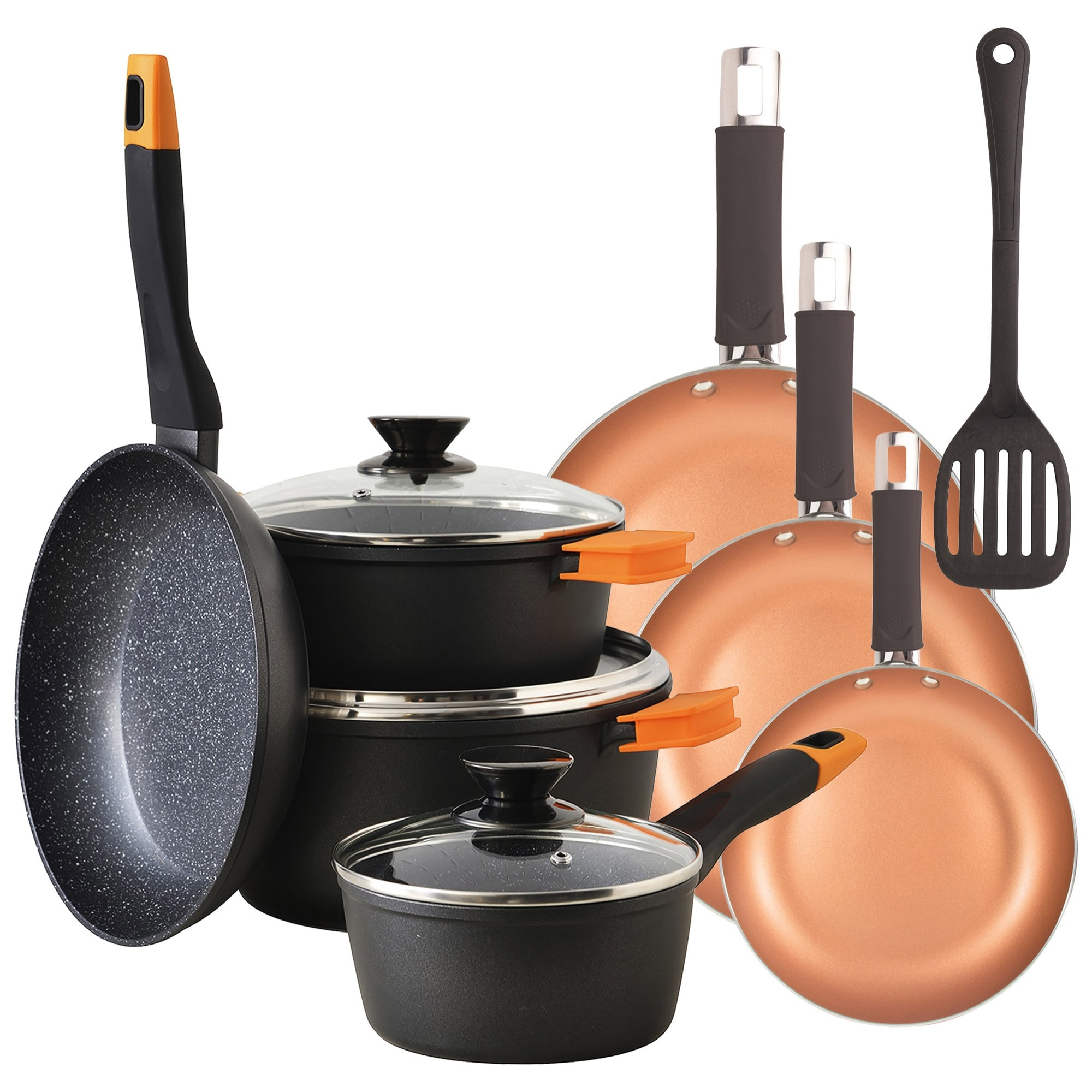 Batería de cocina 7pc en aluminio forjado + juego de sartenes ø18ø22ø26 + espátula ranurada san ignacio