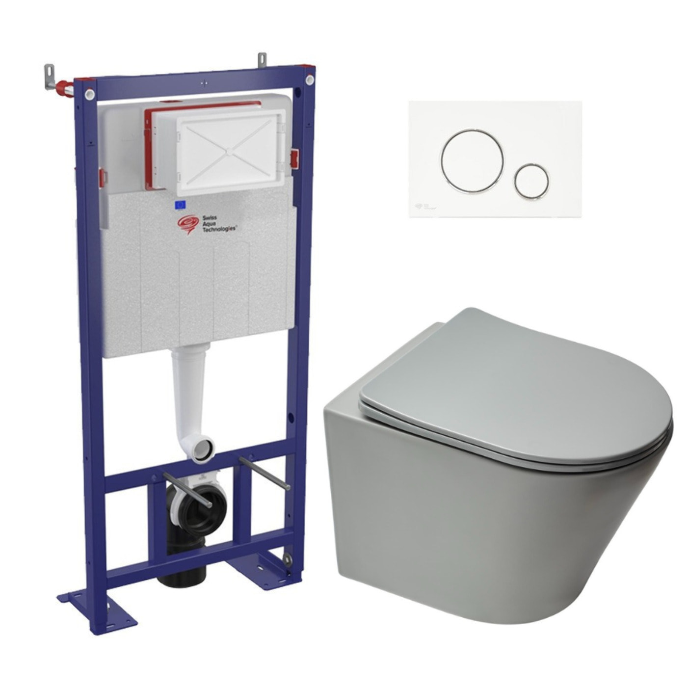 Pack WC bâti-autoportant + WC Infinitio gris mat sans bride fixations invisibles + Abattant softclose + Plaque blanche/chrome