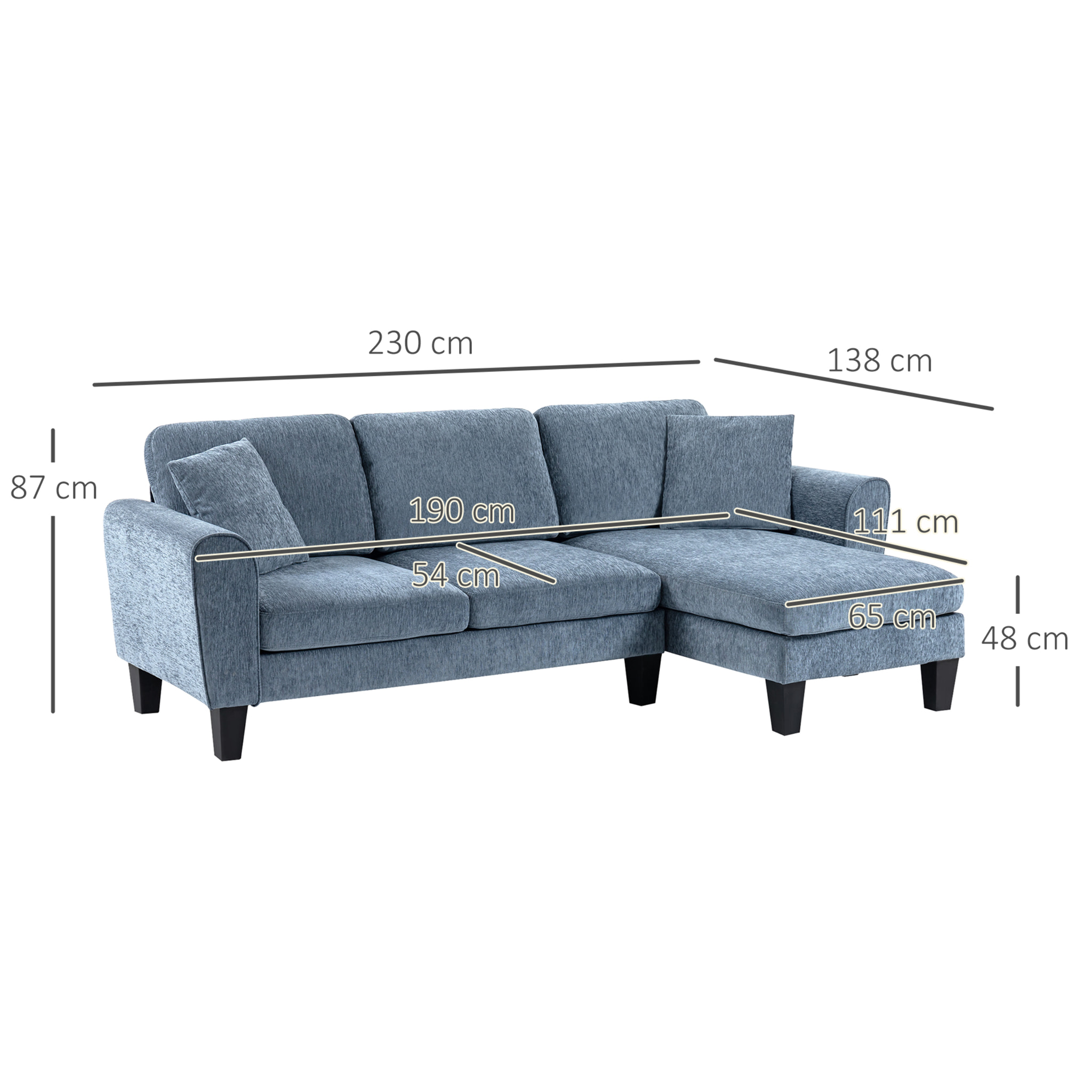 HOMCOM Sofá Chaise Lounge Sofá Esquinero Sofá de Salón Reversible en Forma de L con 2 Almohadas Carga 200 kg 230x138x87 cm Azul Oscuro