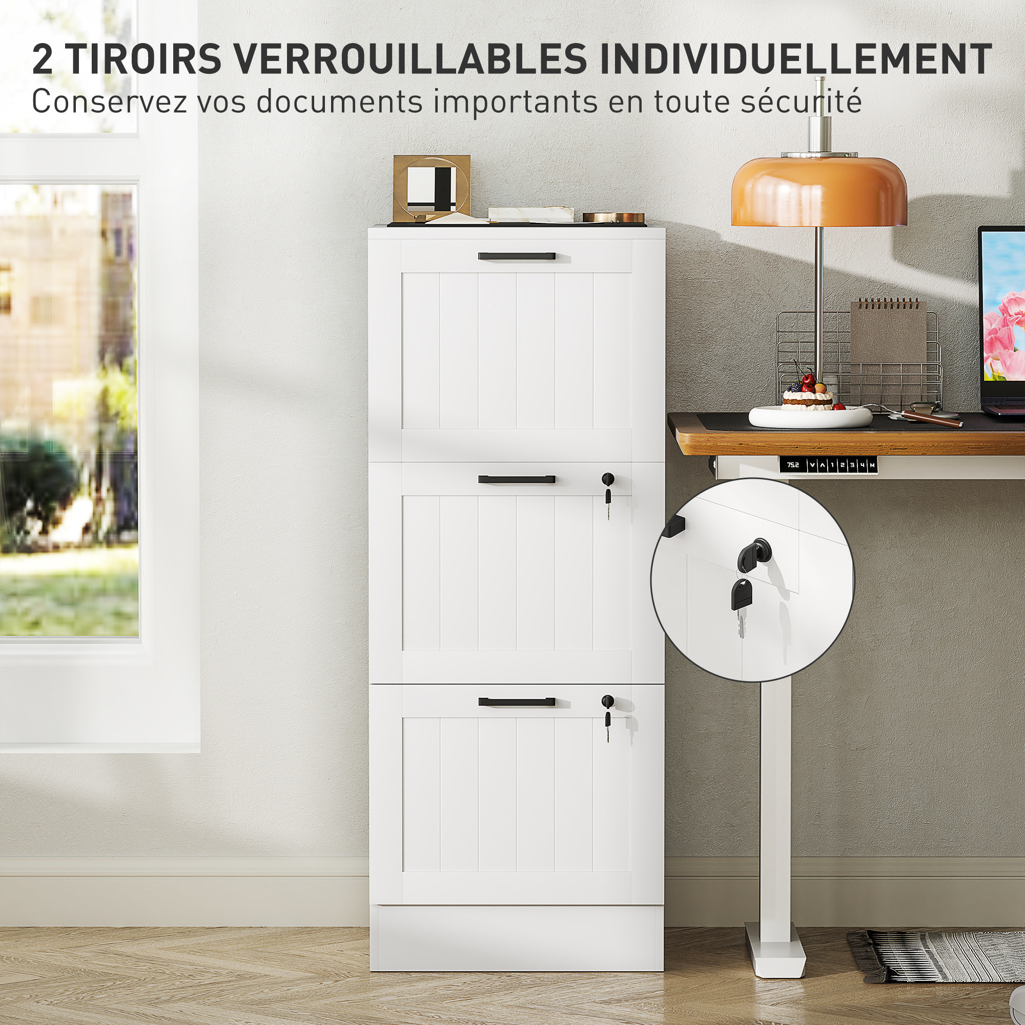 Caisson bureau 2+1 tiroir verrouillable dossiers suspendus dim. 40x40x101cm MDF blanc