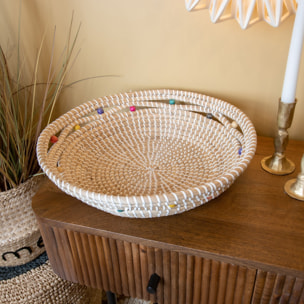 Corbeille ronde en jonc de mer et perles de bois 37cm MILOS