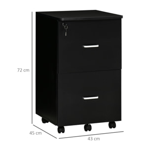 Cajonera de Oficina Mueble Auxiliar para Archivos con 2 Cajones Cerradura de 2 Llaves 5 Ruedas para Tamaño Carta A4 para Estudio Despacho Dormitorio 43x45x72 cm Negro