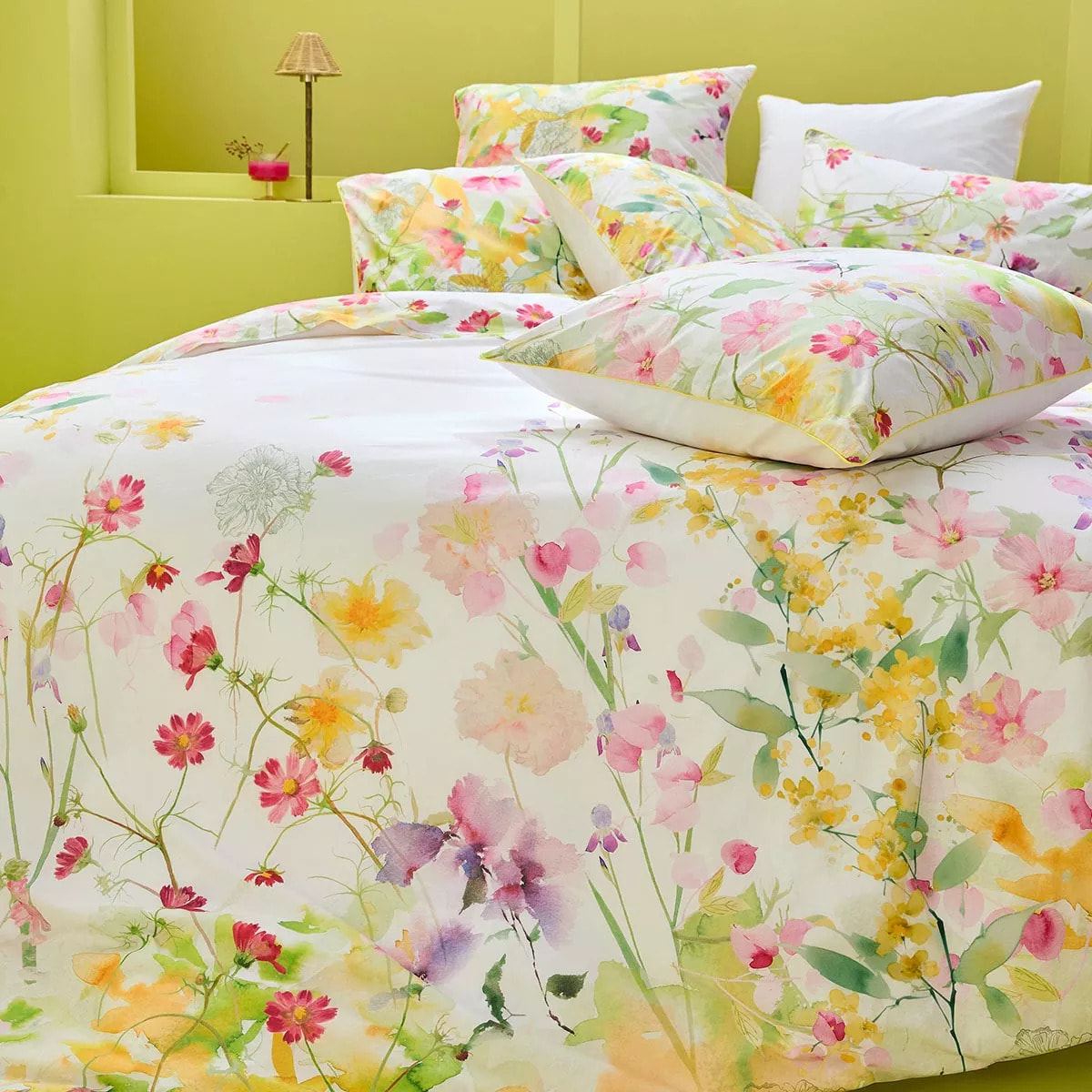 Taie d'oreiller percale de coton lavé 115 g/m² imprimé rose vert Souffle fleuri printemps