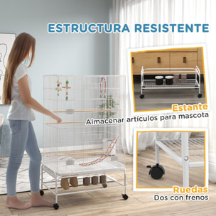 Jaula para Pájaros con Ruedas Jaula Grande con Soporte Pajarera con Bandeja Extraíble Puertas Comederos Perchas Juguetes y Estante Inferior para Canarios Periquitos 79x49x133 cm Blanco