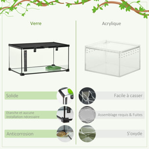 Terrarium en verre - vivarium reptiles & batraciens - habitat tortue - couvercle grillagé coulissant verrouillable - distributeur eau, thermomètre inclus - métal noir verre