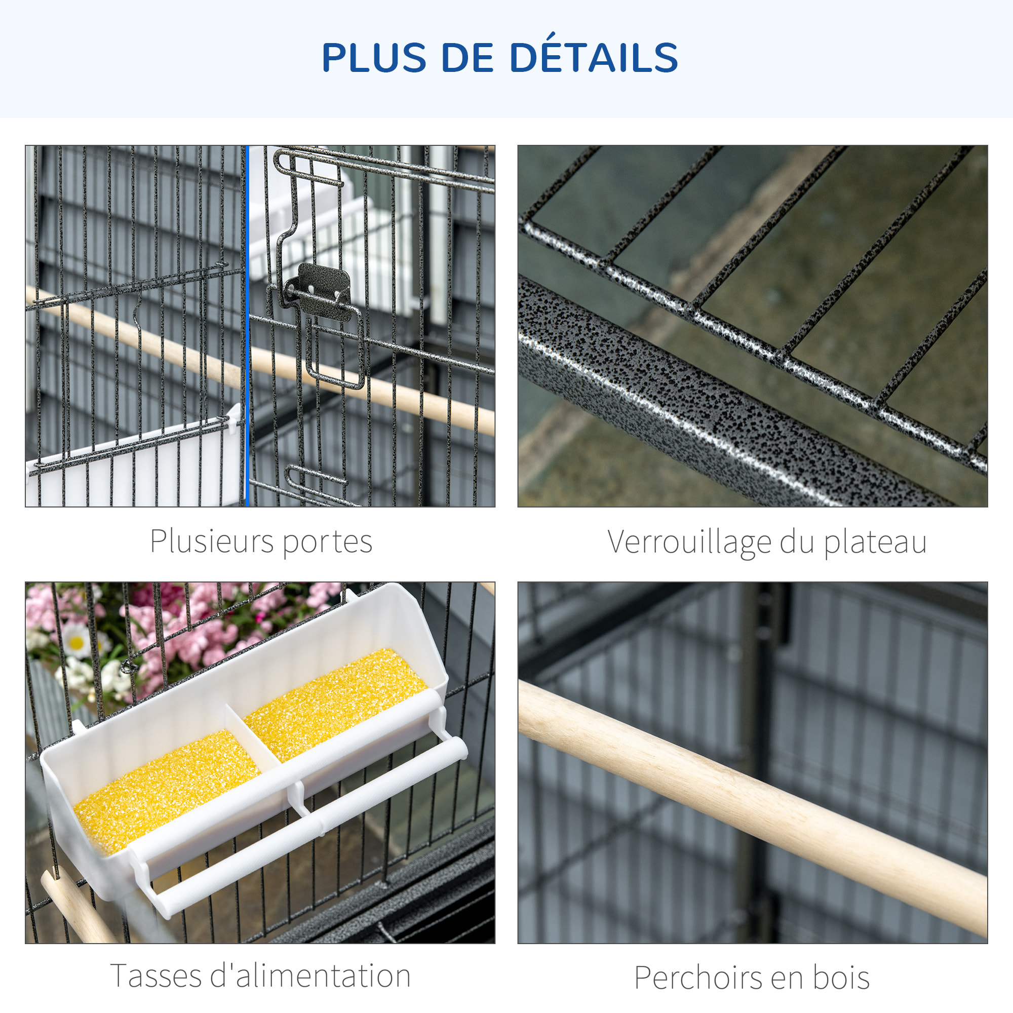 Cage oiseau mobile dim. 78x52x132cm - 4 perchoirs, mangeoires, plateau déjection, étagère - acier époxy gris moucheté