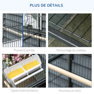 Cage oiseau mobile dim. 78x52x132cm - 4 perchoirs, mangeoires, plateau déjection, étagère - acier époxy gris moucheté