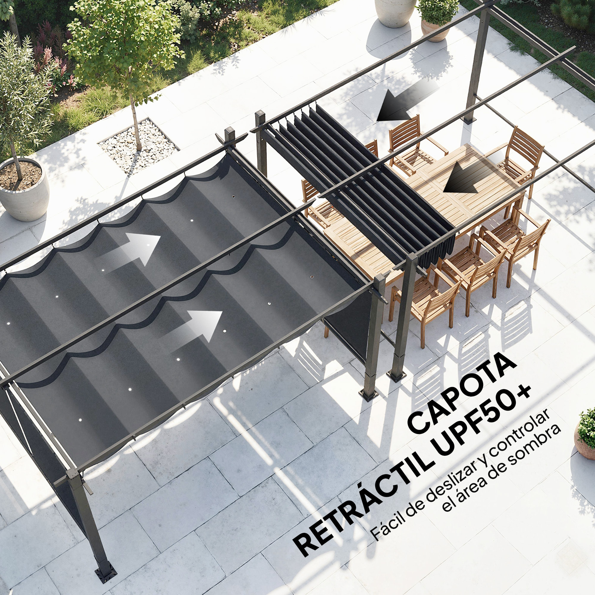 Pérgola de Jardín 4x3 m con Techo Retráctil y 4 Cortinas Enrollables Automáticas, Cenador de Jardín con Protección UV50+, Estructura de Aluminio, Drenaje, Pabellón para Exterior, Gris Oscuro
