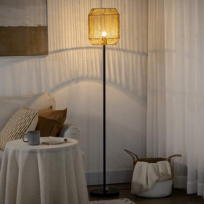 Lampadaire aspect cannage style cosy 40 W max. H.158 cm piètement mât métal noir abat-jour corde papier tressé main