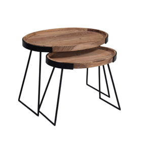 Tables basses gigognes bois massif et métal noir (lot de 2) ELAVO