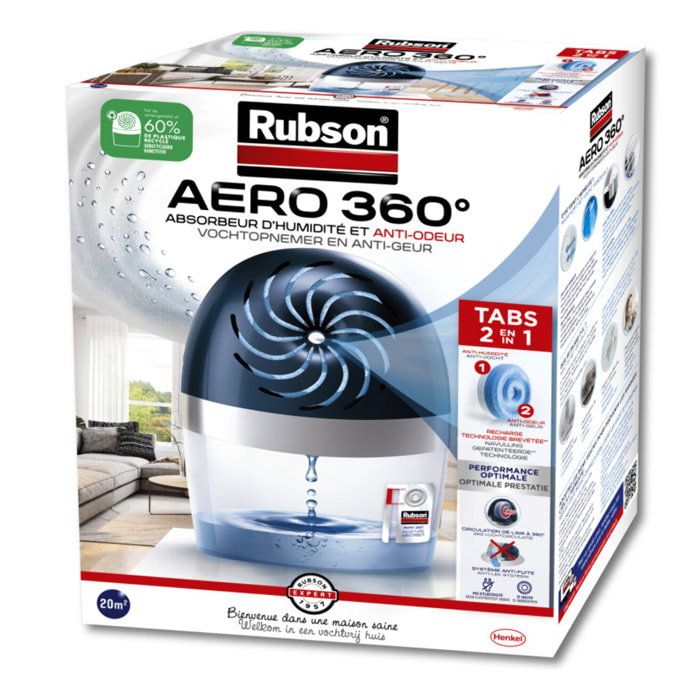 Rubson AERO 360° Absorbeur d'humidité 20 m² Incluant 1 Recharge + Lot de 4 Recharges Neutres Ultra Absorbantes