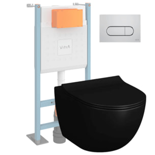 Pack WC suspendu Sento noir + bâti autoportant V-Fix Core + Plaque Round chromé