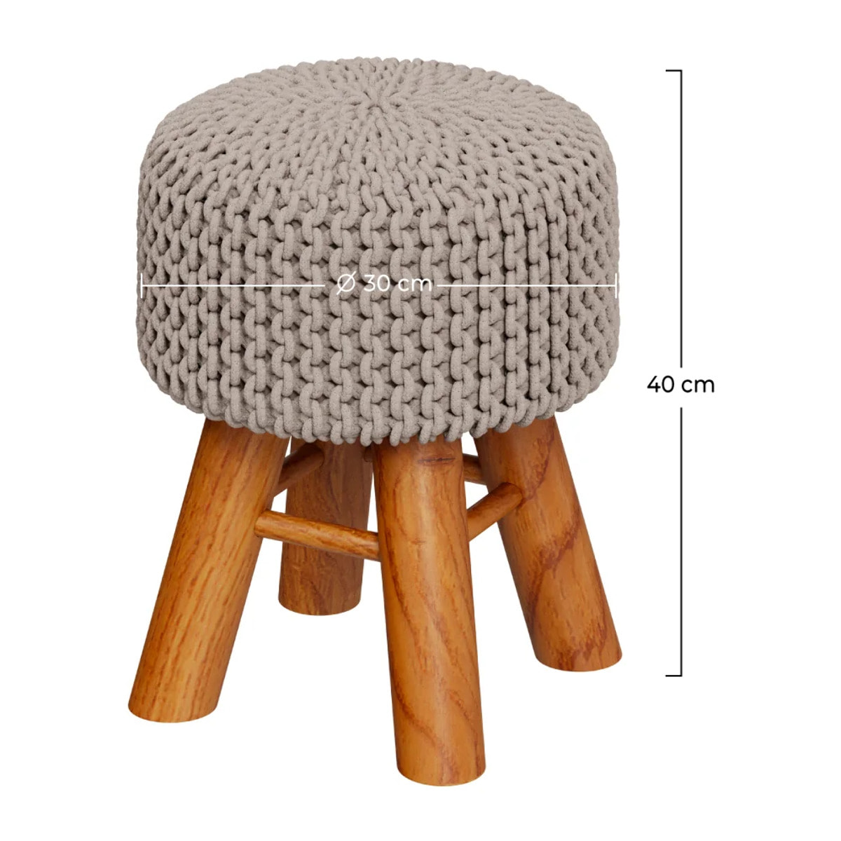Petit tabouret rond en tricot coton gris clair et pieds en bois - Lisa