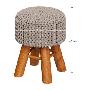 Petit tabouret rond en tricot coton gris clair et pieds en bois - Lisa